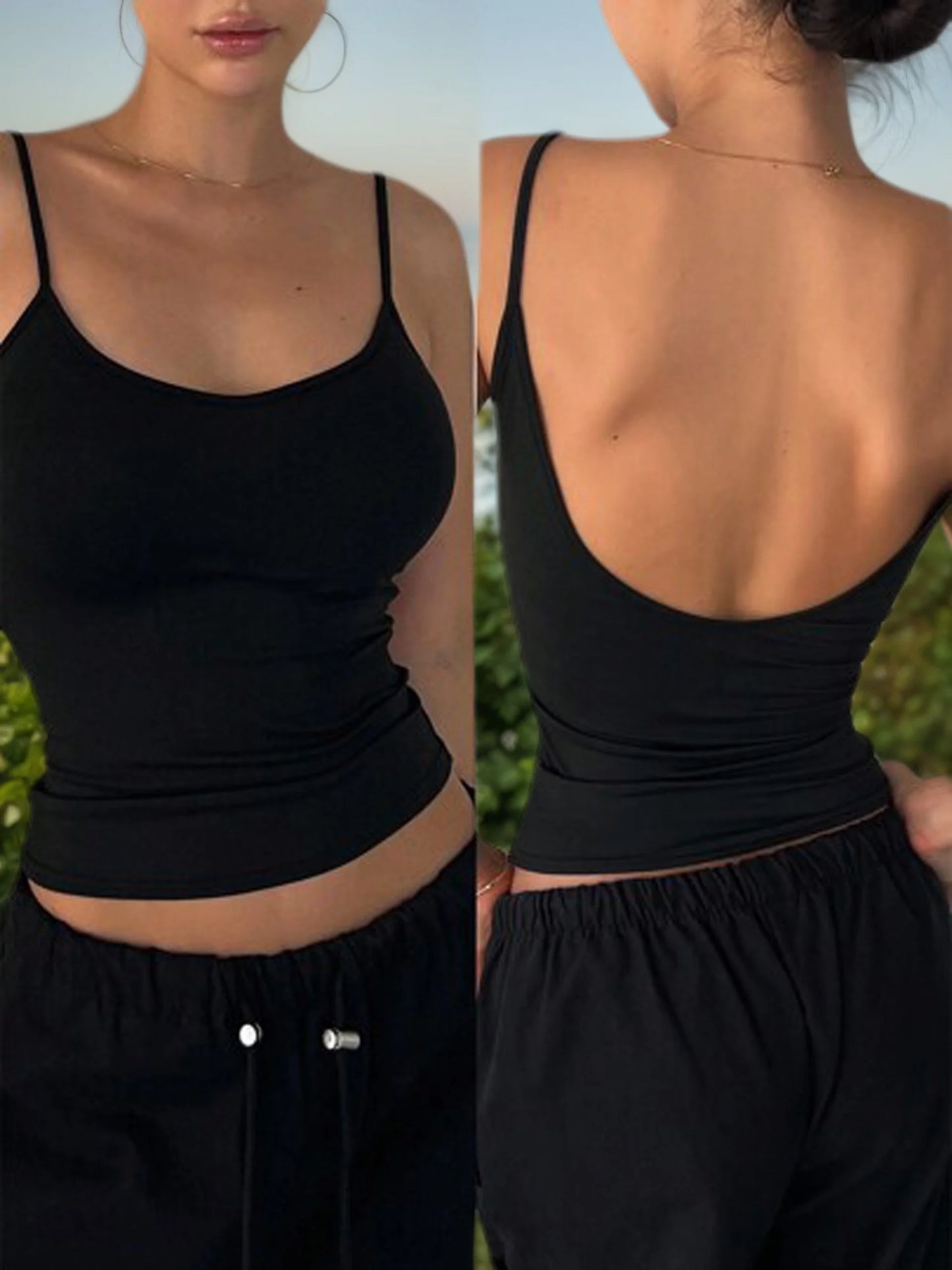 Women'S Sexy Backless Spaghetti Strap Cami Top Stretchy Polyester Spandex Blend Slim Fit Sleeveless Shirt for Summer Party