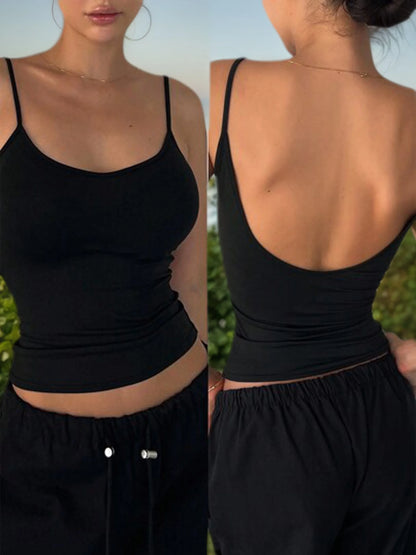 Women'S Sexy Backless Spaghetti Strap Cami Top Stretchy Polyester Spandex Blend Slim Fit Sleeveless Shirt for Summer Party