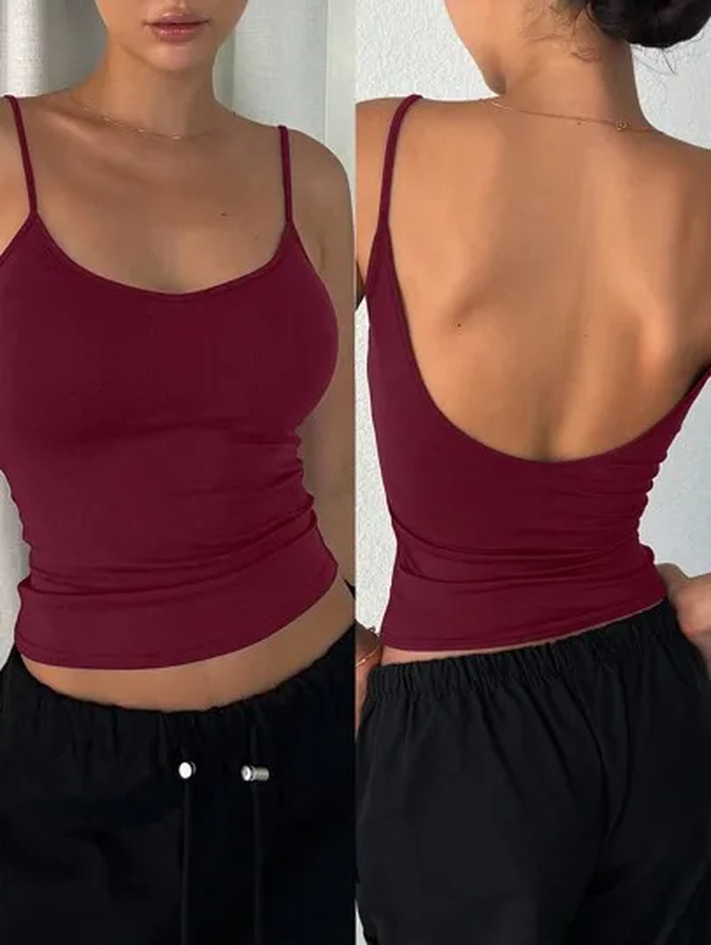 Women'S Sexy Backless Spaghetti Strap Cami Top Stretchy Polyester Spandex Blend Slim Fit Sleeveless Shirt for Summer Party