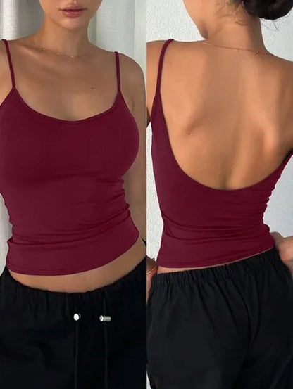 Women'S Sexy Backless Spaghetti Strap Cami Top Stretchy Polyester Spandex Blend Slim Fit Sleeveless Shirt for Summer Party